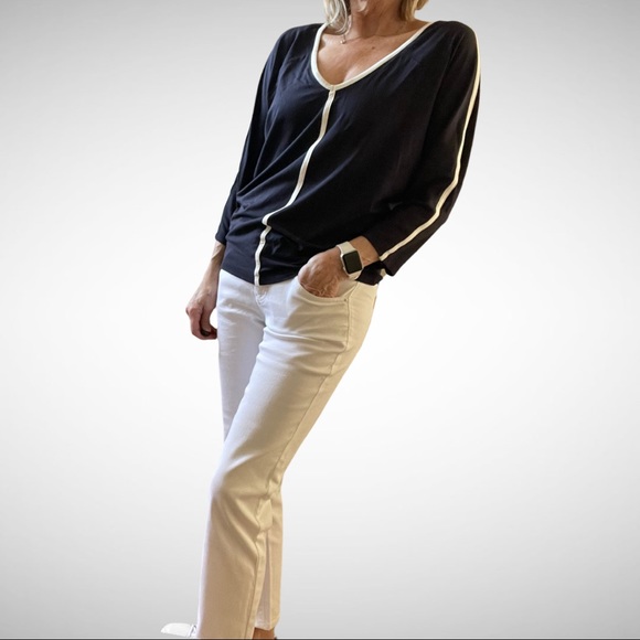 Claudia Sträter Navy/White V-Neck Blouse 36 - Picture 3 of 10